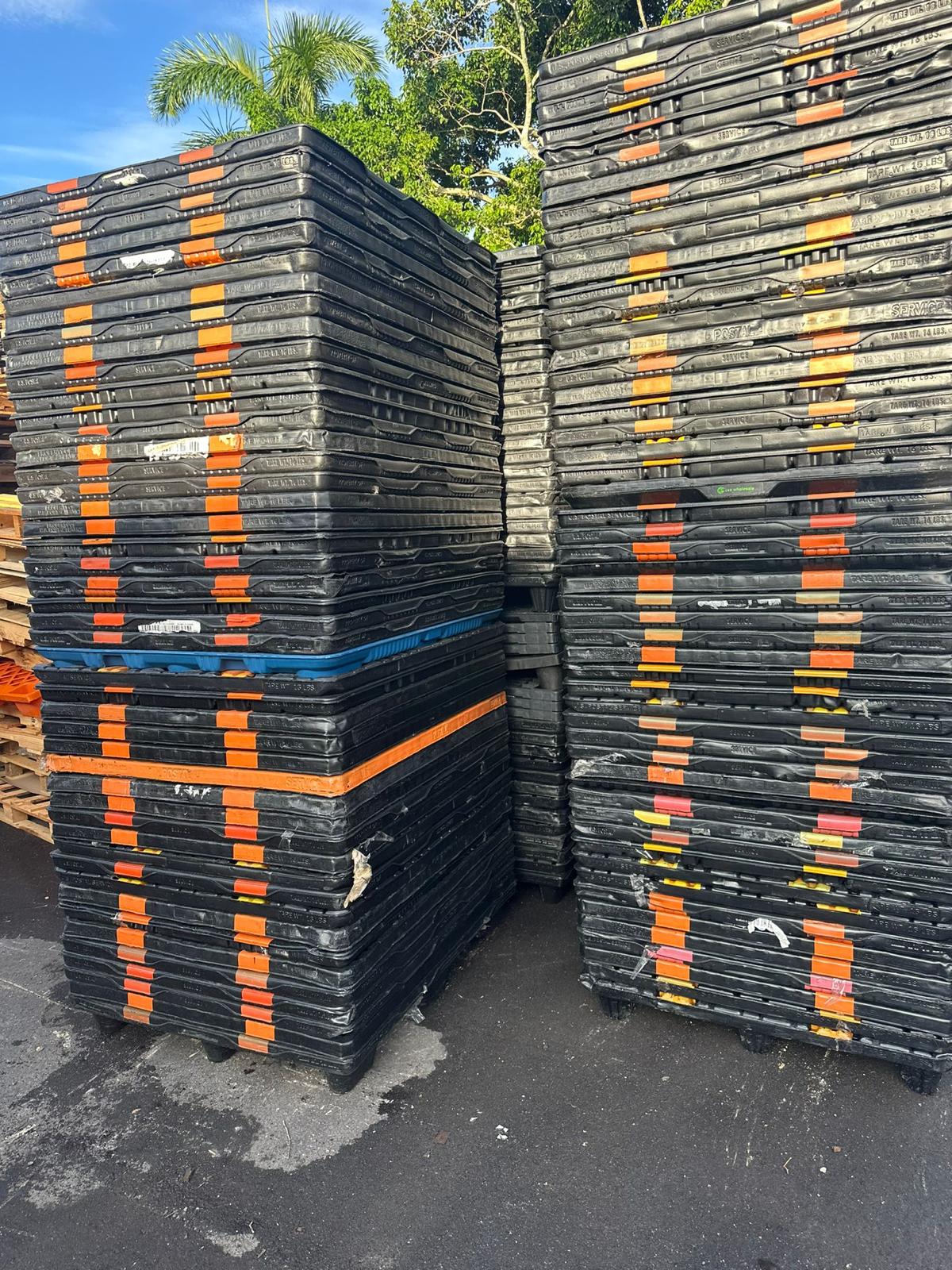 Stacks of used nestable plastic pallets secured for storage